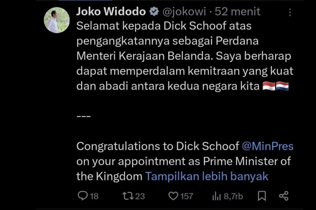 Ucapan selamat Jokowi ke PM Belanda yang baru Ucapan selamat Jokowi ke PM Belanda yang baru