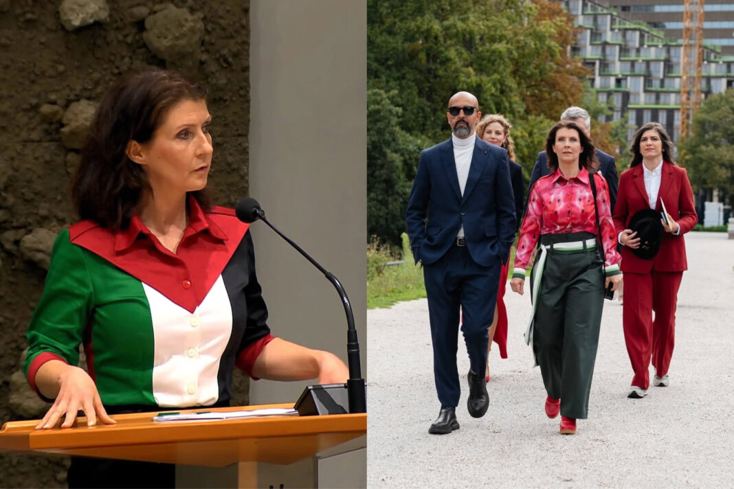 Anggota DPR Belanda, Ester Ouwehand, Tunjukan solidaritas kepada Palestina dengan kenakan baju motif bendera Palestina.