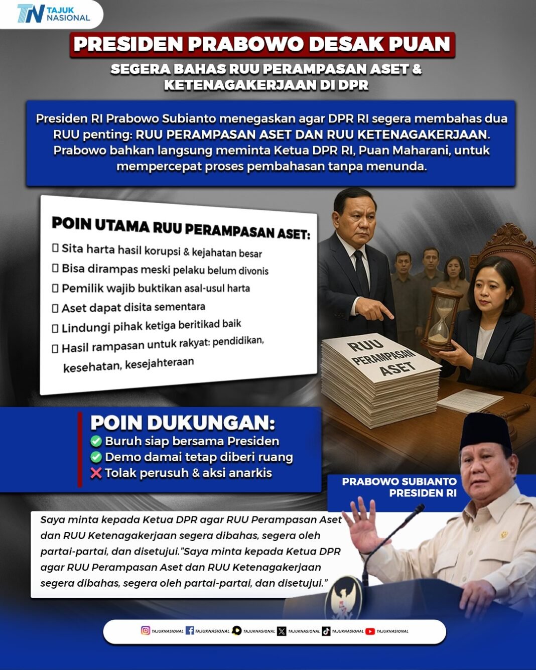 Presiden Prabowo Desak DPR Segera Bahas RUU Perampasan Aset dan Ketenagakerjaan