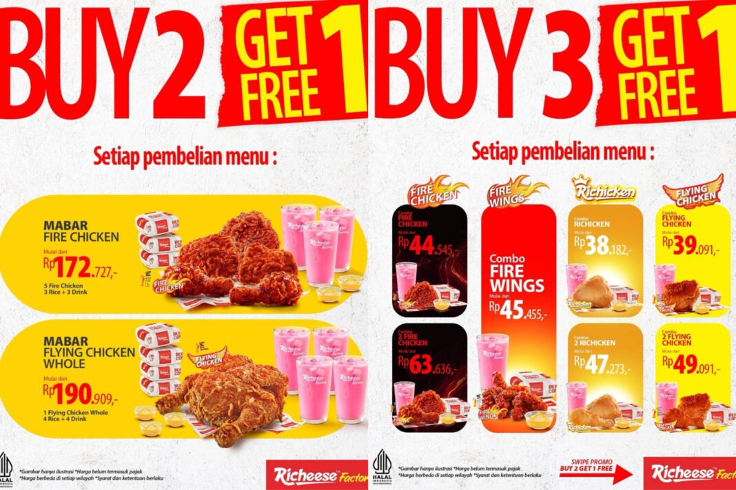Richeese Factory menghadirkan promo spesial, Buy 3 Get 1 Free dan Buy 2 Get 1 Free.