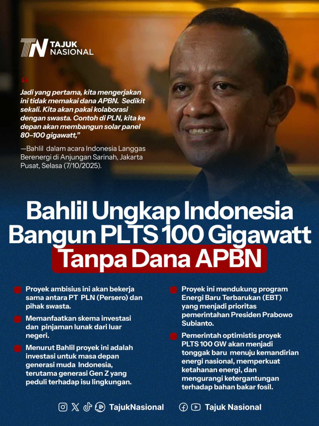 Bahlil Ungkap Indonesia Bangun PLTS 100 Gigawatt Tanpa Dana APBN, Kolaborasi Swasta Jadi Kunci