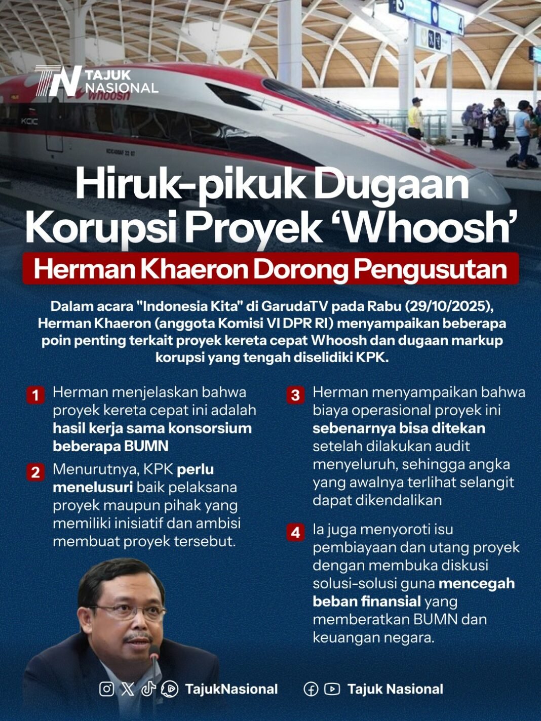 Dugaan Korupsi Proyek Whoosh: Herman Khaeron Dorong KPK Usut Tuntas Skandal Anggaran BUMN