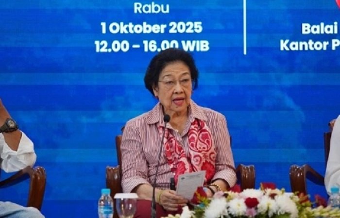megawati Presiden kelima RI, Megawati Soekarnoputri, memberikan sambutan dalam Workshop UGM-BRIN di Balai Senat UGM, Sleman, Rabu (1/10/2025).