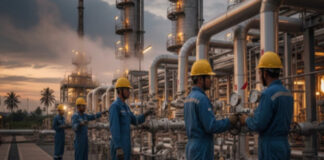 Bahlil Rapat hingga Jam 2 Dini Hari, Keukeh SPBU Swasta Wajib Beli BBM dari Pertamina Foto hasil olahan Akal Imitasi (AI) Google Gemini dengan prompt dari Tajuk Nasional menampilkan para pekerja berjibaku di kilang minyak Indonesia, Rabu (14/1/2026). PT Pertamina kini bisa memproduksi minyak dengan RON berkualias tinggi, Menteri ESDM Bahlil Lahadalia wajibkan SPBU Swasta beli BBM di PT Pertamina