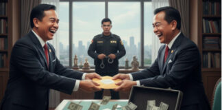 OTT KPK - Foto hasil olahan Akal Imitasi (A) Gemini Google mempelihatkan dua pejabat tengah membagikan uang rasuah disergap petugas Komisi Pemberantasan Korupsi atau KPK, Minggu (11/1/2026). Terbaru, KPK RI resmi menangkap 5 orang terkait korupsi pajak di Kantor Pelayanan Pajak atau KPP Madya Jakarta Utara.