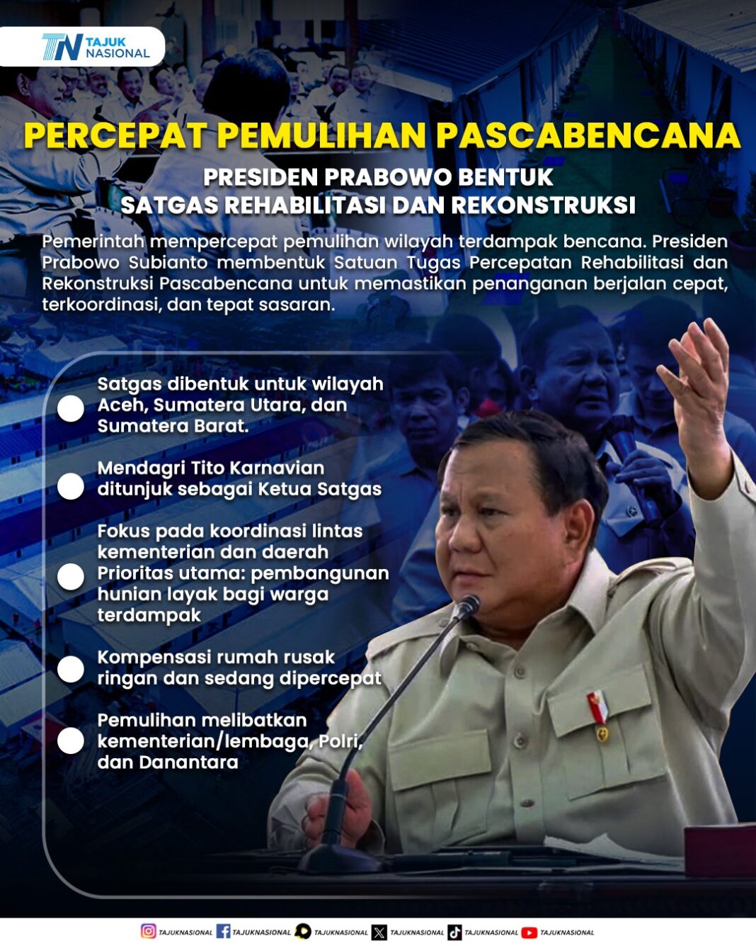 Percepat Pemulihan Pascabencana, Presiden Prabowo Bentuk Satgas Rehabilitasi dan Rekonstruksi