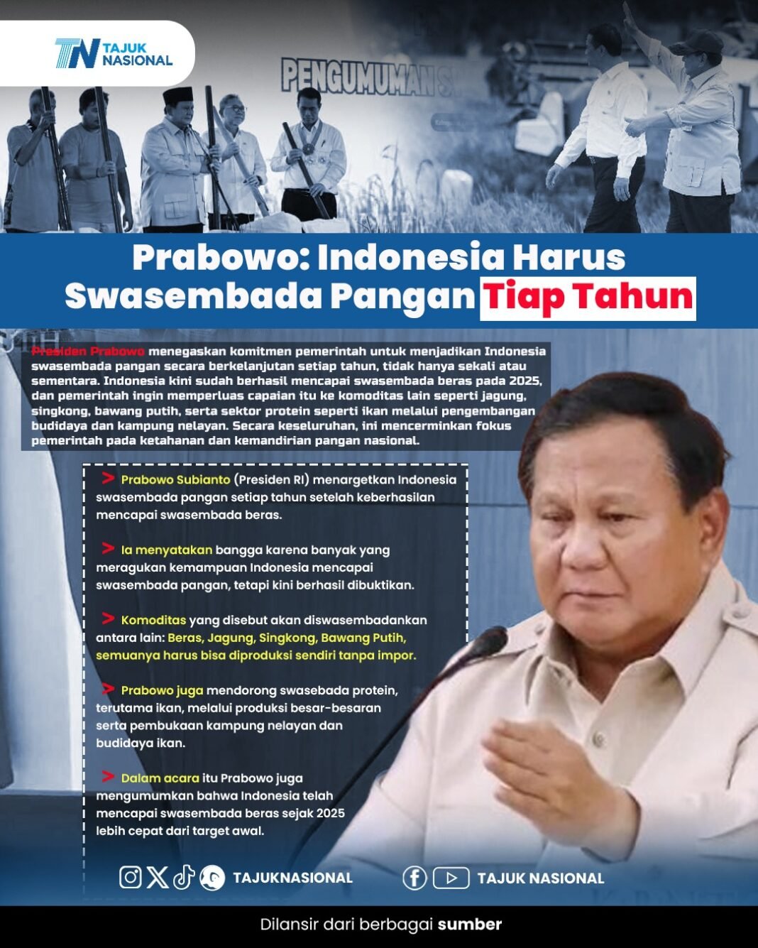 Prabowo Swasembada Pangan tiap Tahun, Target Beras hingga Protein Ikan