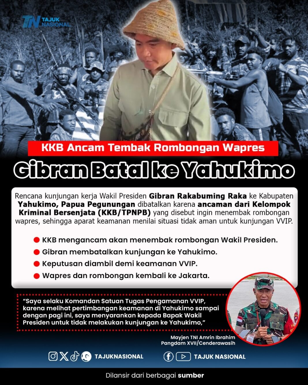 KKB Ancam Tembak Rombongan Wapres, Gibran Batal ke Yahukimo