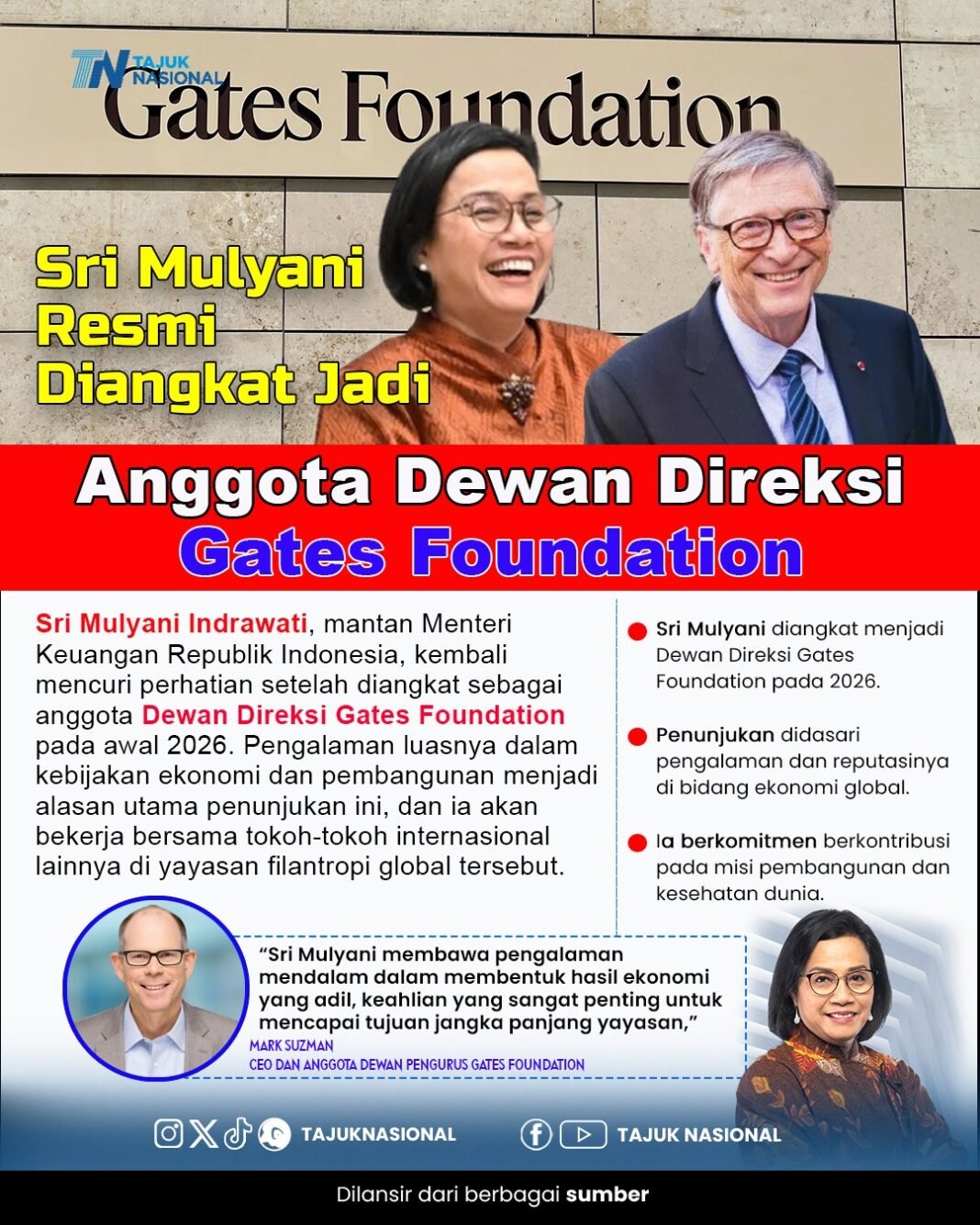 Sri Mulyani Resmi Diangkat Jadi Anggota Dewan Direksi Gates Foundation