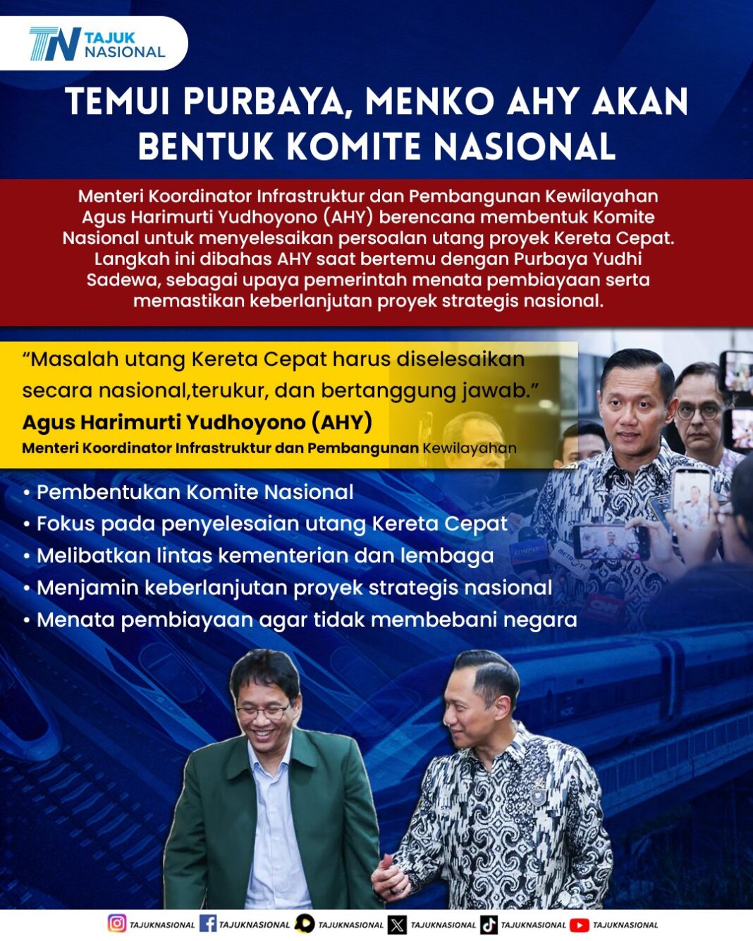 Komite Nasional Utang Kereta Cepat Akan Dibentuk AHY Usai Temui Purbaya