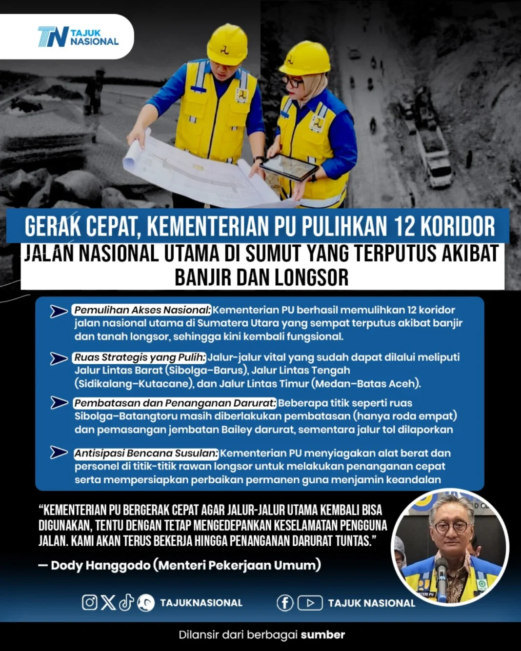 Gerak Cepat, Kementerian PU Pulihkan 12 Koridor Jalan Nasional di Sumut Pascabanjir dan Longsor