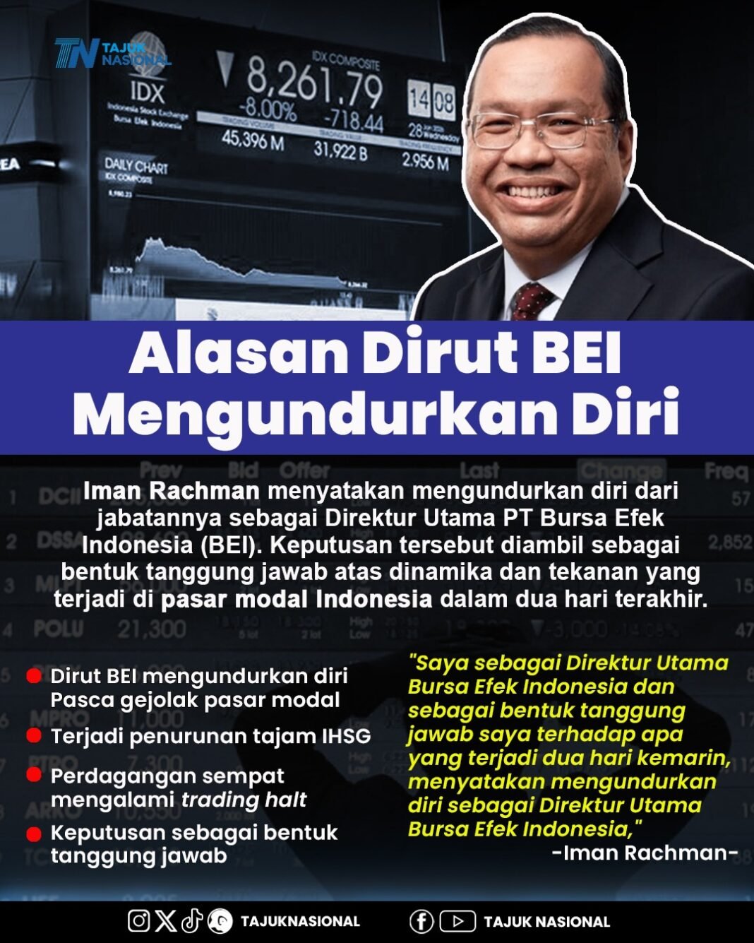 Dirut BEI Mengundurkan Diri, Iman Rachman Ambil Tanggung Jawab atas Gejolak Pasar Modal