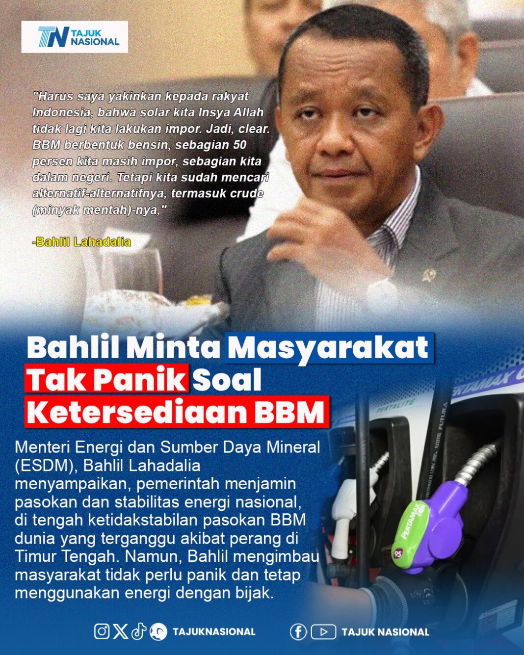 BahliL Lahadalia: Masyarakat Tak Perlu Panik Soal Ketersediaan BBM