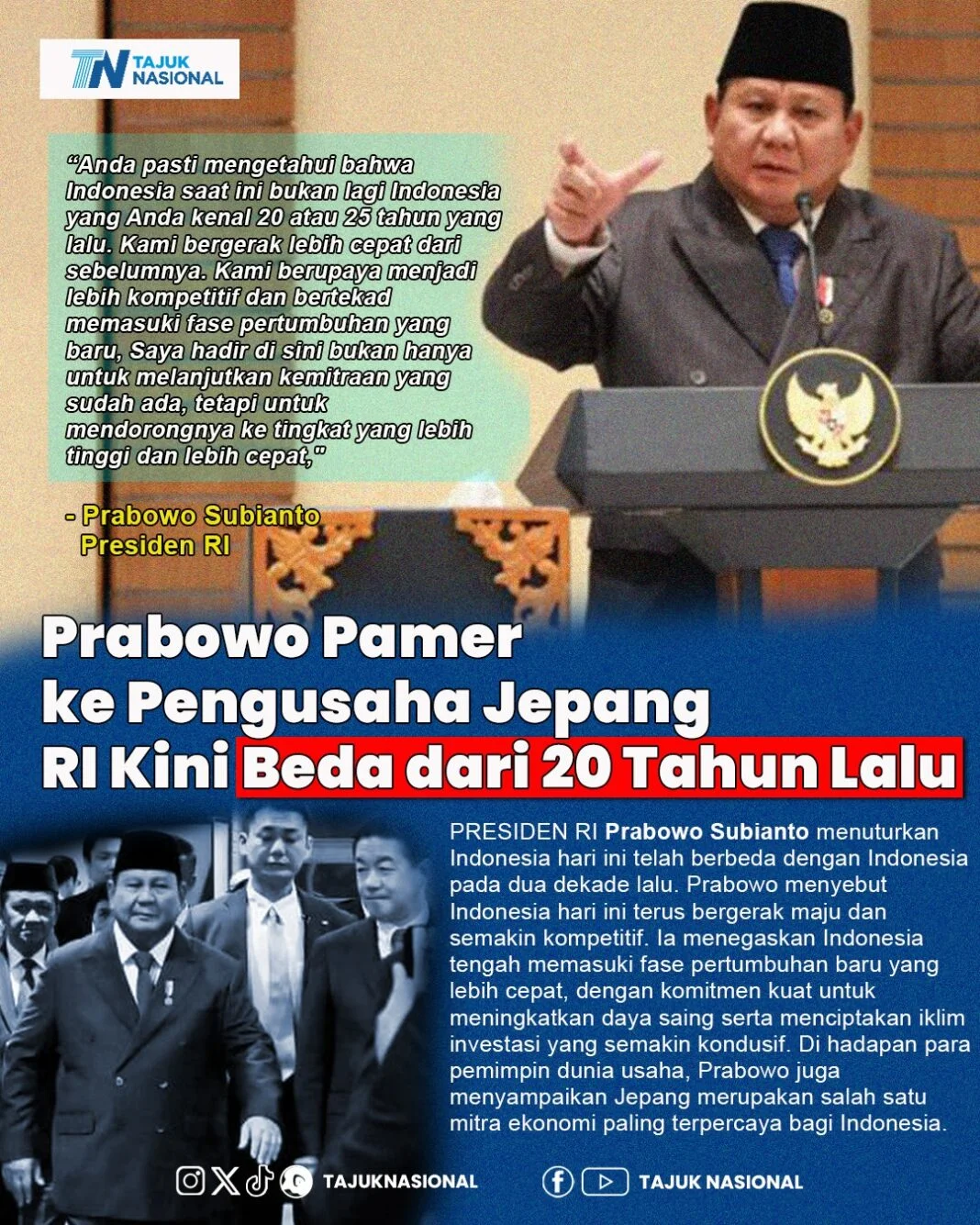 Prabowo ke Pengusaha Jepang: Indonesia Kini Berbeda dari 20 Tahun Lalu