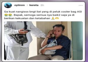TANGIS DUKA - Unggahan viral di media sosial menampilkan Aji, suami dari korban tewas kecelakaan kereta di Bekasi atas nama Tutik Anita Sari. Terlihat Aji memeluk tas ASI atau Cooleg Bag buah hati keduanya.