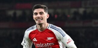 SELEBRASI GOL - Pemain Arsenal, Kai Havertz berselebrasi usai mencetak gol yang mengubah Live score Man City Vs Arsenal di Liga Inggris malam ini, Minggu (19/4/2026). Hasil Man City Vs Arsenal ini bisa jadi laga penentu Juara Liga Inggris 2026. OFFICIAL INSTAGRAM ARSENAL / REPRO