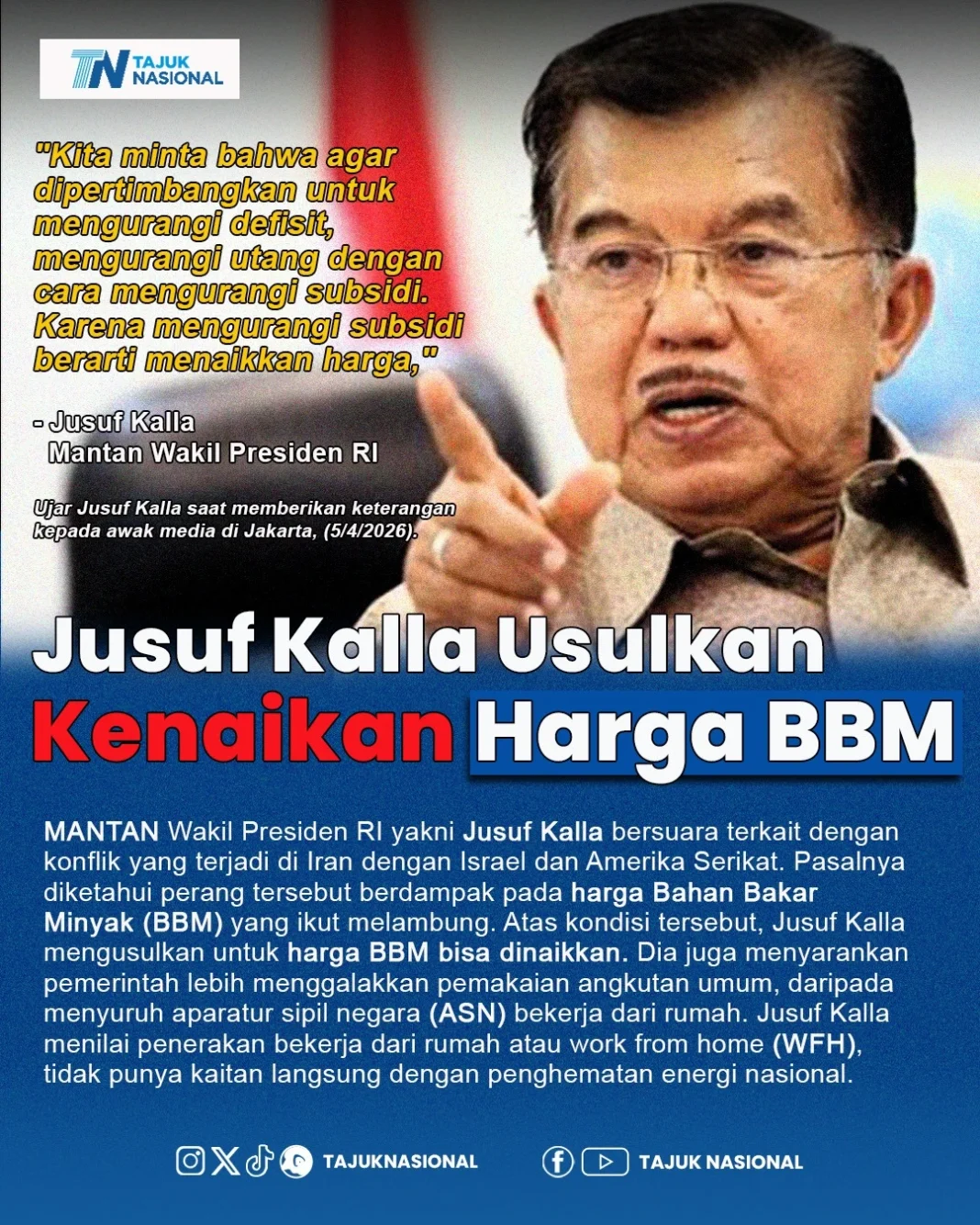 Jusuf Kalla Usulkan Kenaikan Harga BBM, Ini Alasan dan Dampaknya