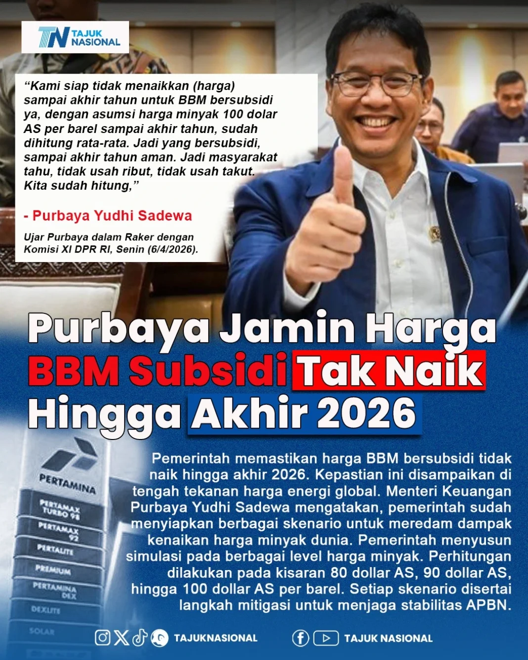 Purbaya Jamin Harga BBM Subsidi Tak Naik Hingga Akhir 2026