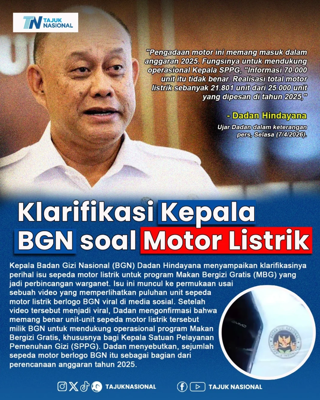 Klarifikasi Dadan Hindayana Soal Motor Listrik BGN, Ini Faktanya