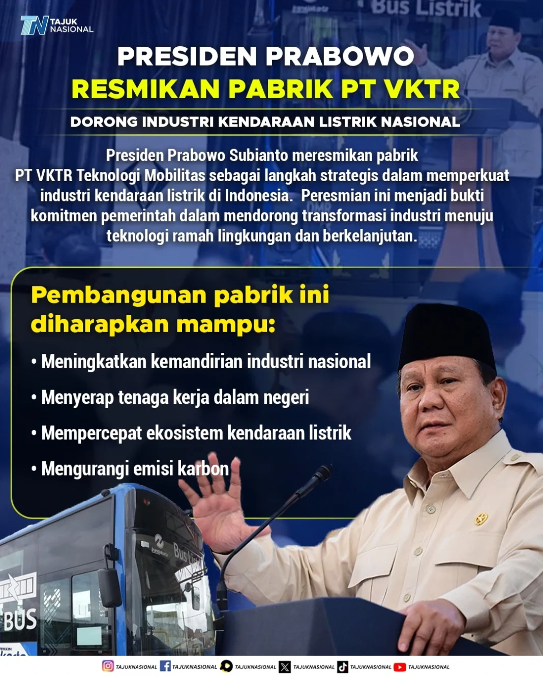 Presiden Prabowo Resmikan Pabrik PT VKTR, Dorong Industri Kendaraan Listrik Nasional