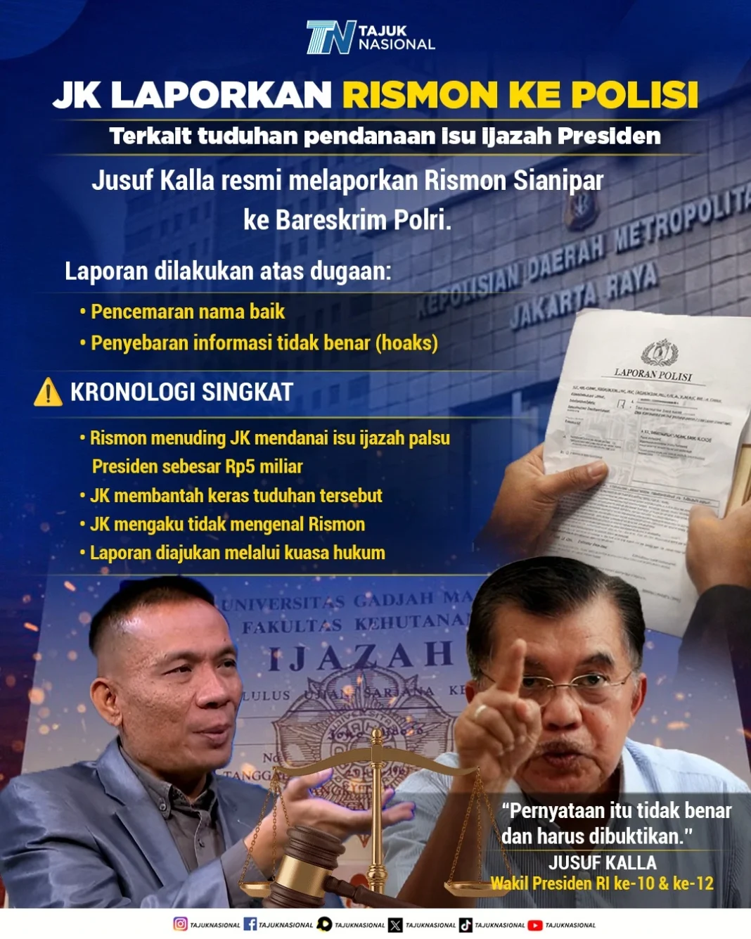 Jusuf Kalla Laporkan Rismon ke Polisi Terkait Tuduhan Ijazah Presiden