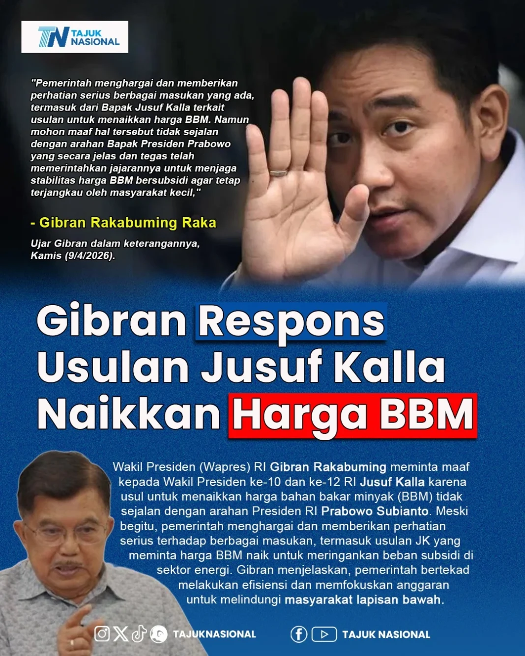 Gibran Respons Usulan Jusuf Kalla Soal Kenaikan Harga BBM, Tegaskan Subsidi Tetap Dijaga