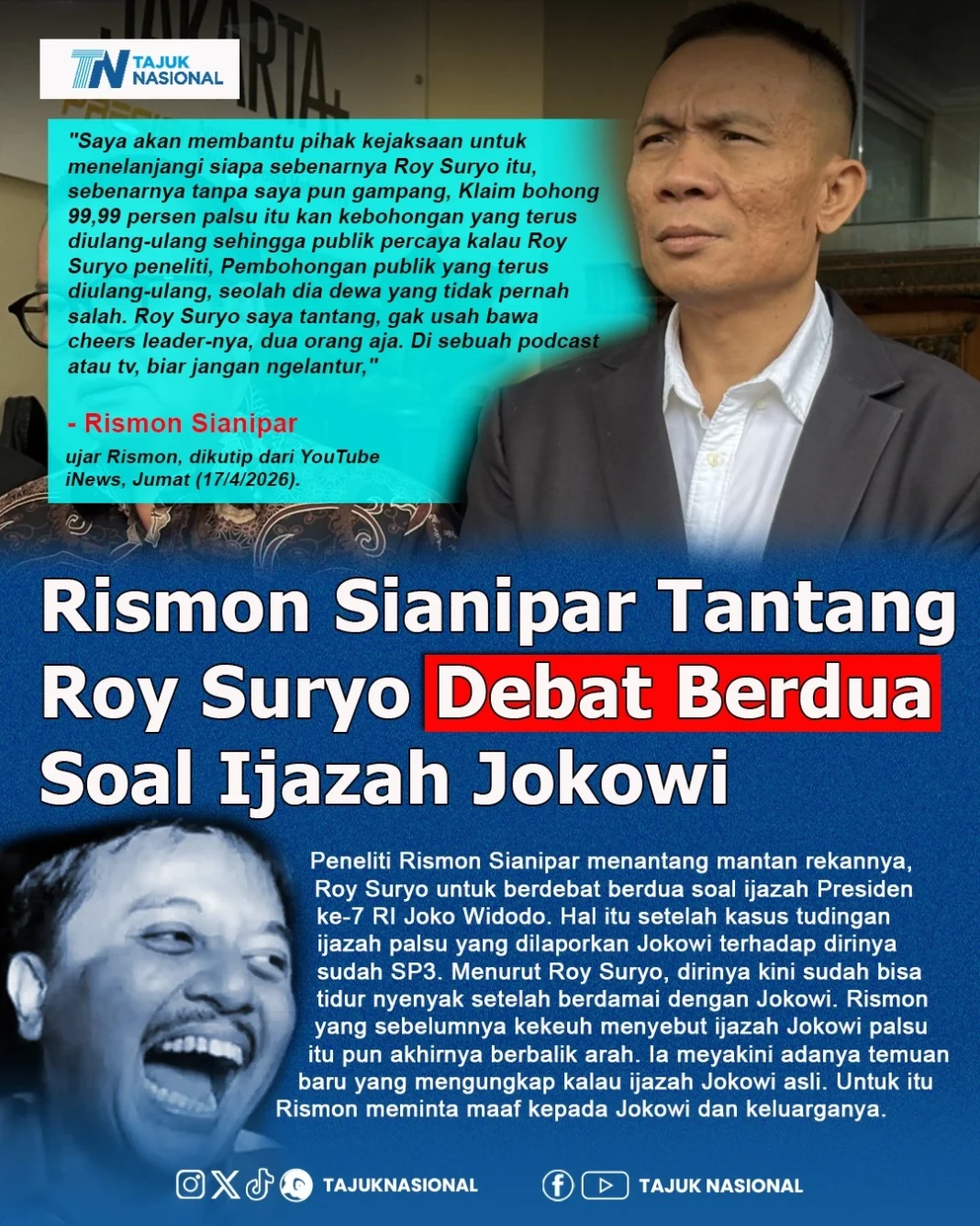 Rismon Sianipar Tantang Roy Suryo Debat Ijazah Jokowi Secara Terbuka