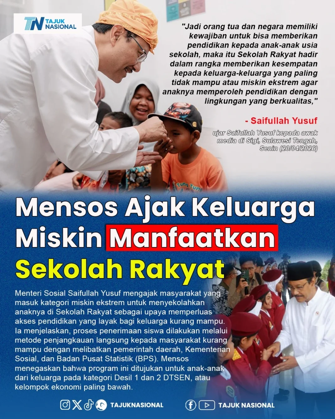 Mensos Ajak Keluarga Miskin Manfaatkan Sekolah Rakyat untuk Pendidikan Anak
