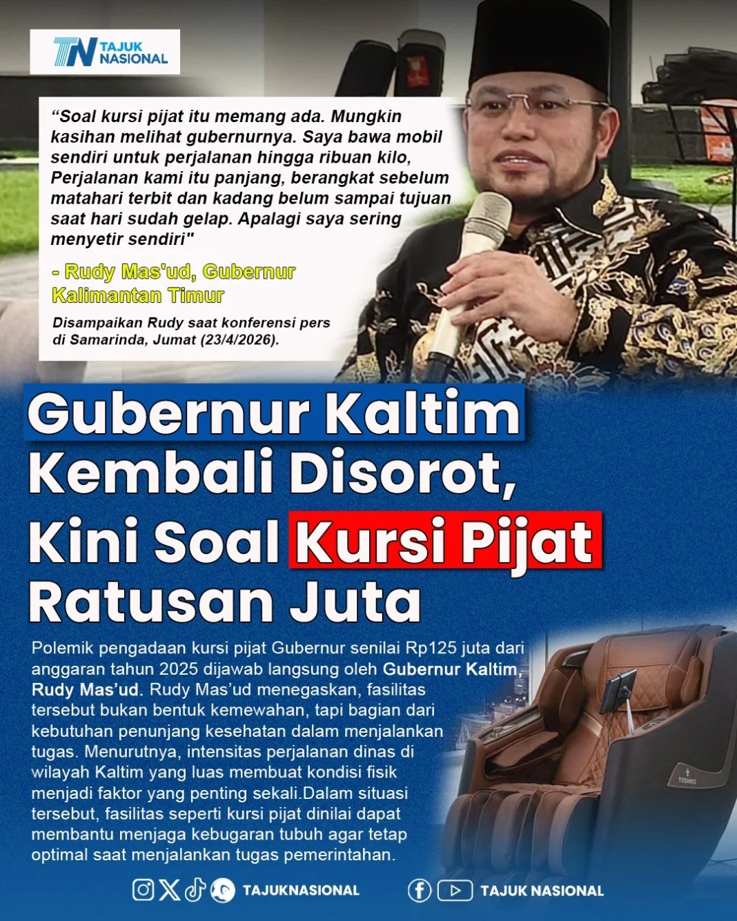 Polemik Kursi Pijat Gubernur Kaltim Seharga Rp125 Juta, Ini Penjelasan Rudy Mas’ud