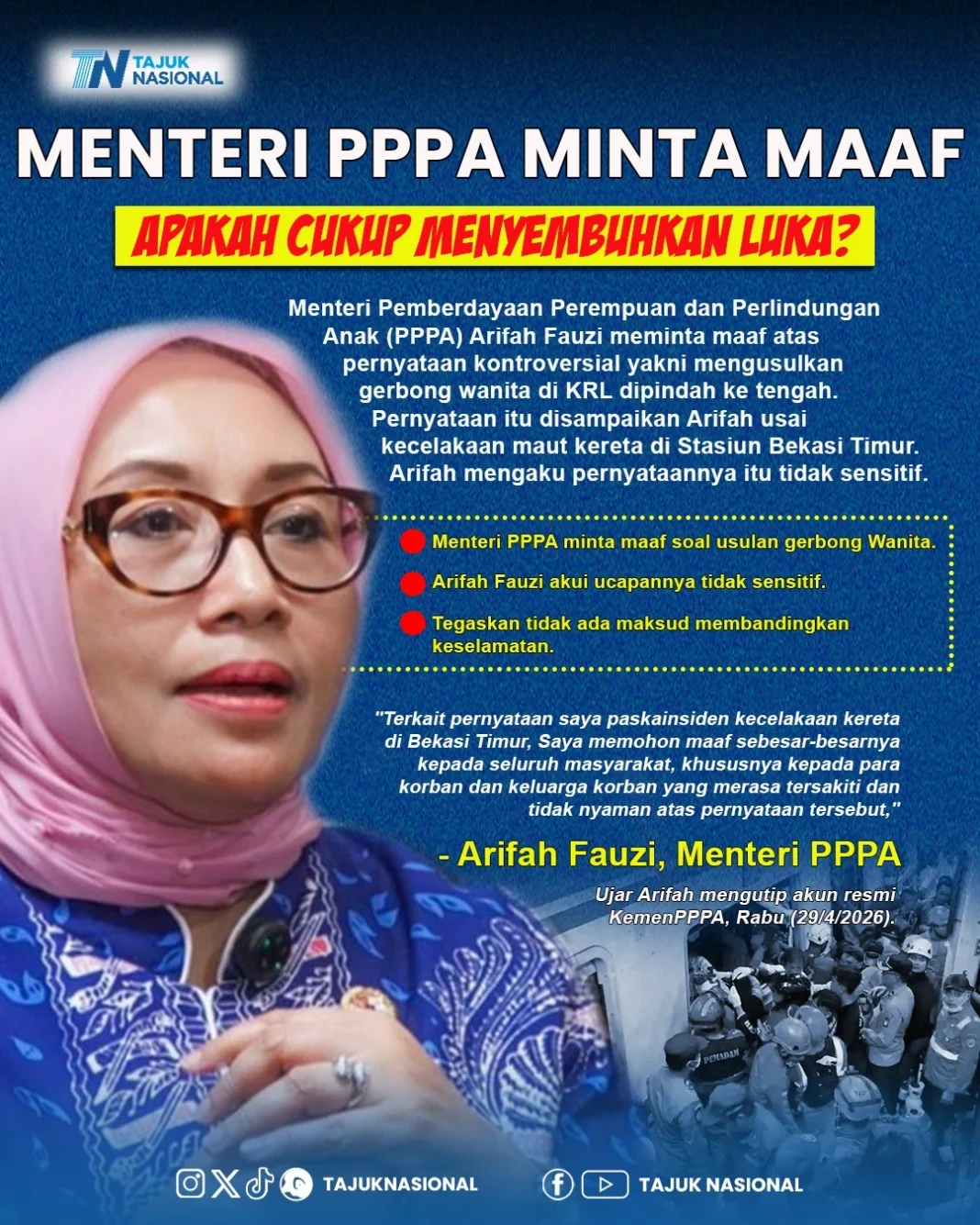 Menteri PPPA Minta Maaf Usulan Gerbong Wanita di KRL Usai Insiden Bekasi Timur