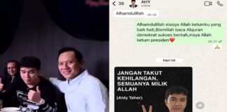 Kolase kebersamaan Aldi Taher bersama AHY dan chatnya melalui WhatsApp yang dibagikan di media sosial.