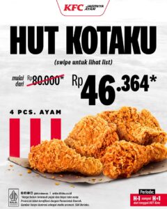 Promo KFC Terbaru: Makan Menu Spesial 4 Ayam Cuma Rp 46 Ribuan di 8 Kota Ini, Cek Tanggalnya 1 PROMO KFC: KFC menggelontorkan paket promo dan diskon spesial untuk ikut merayakan ulangtahun dari 8 kota ini yang akan jatuh sepanjang Mei 2026. Berikut rincian paket promo KFC terbaru bertajuk HUT KOTAKU tersebut, Rabu (20/5/2026). OFFICIAL INSTAGRAM KFC INDONESIA/REPRO
