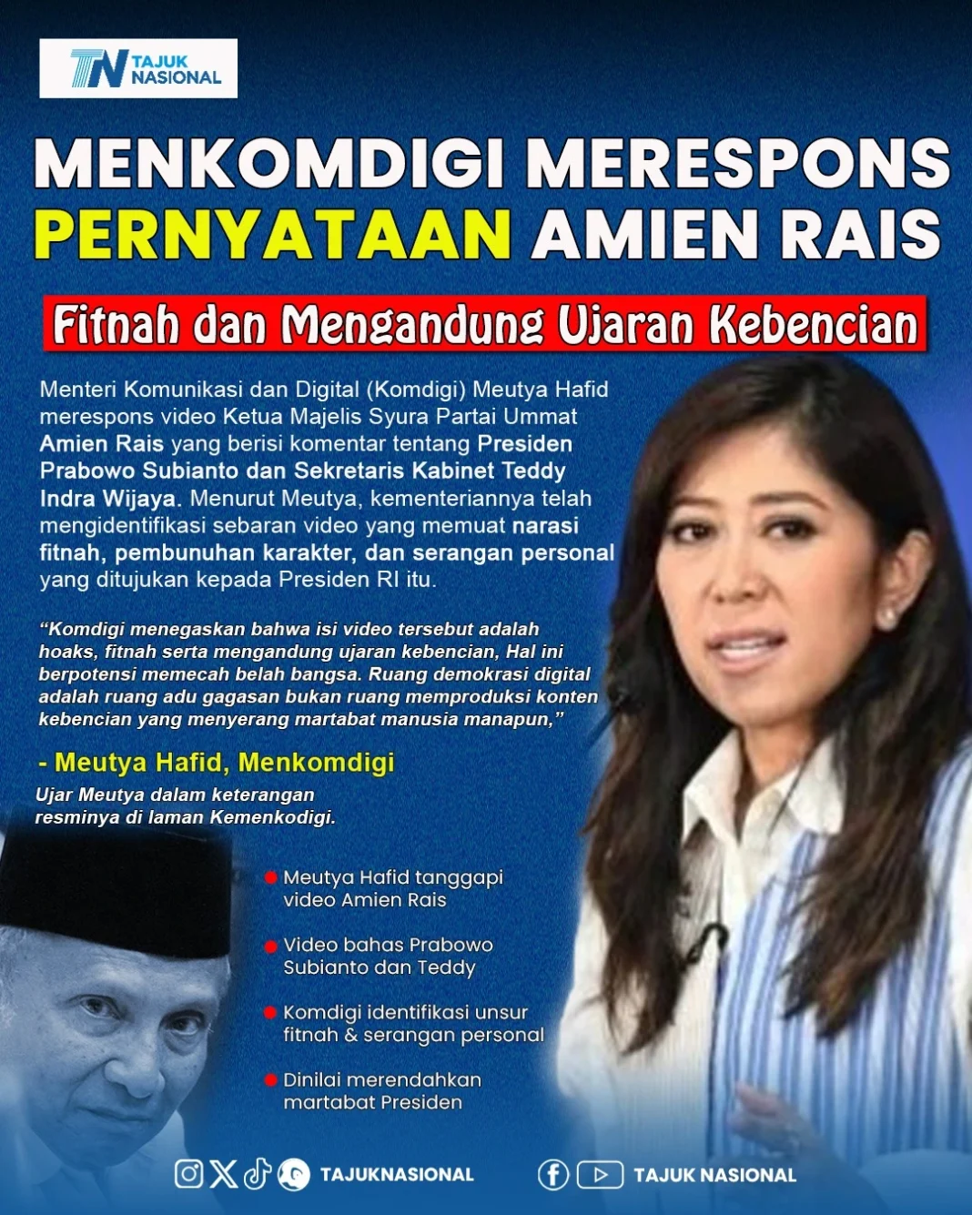 Menkomdigi Respons Pernyataan Amien Rais: Disebut Fitnah dan Ujaran Kebencian