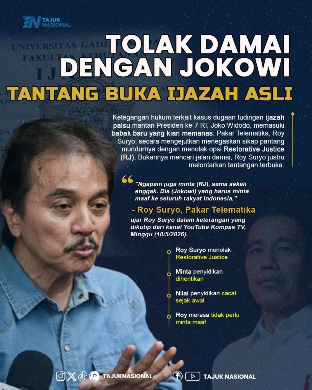 Roy Suryo Tantang Jokowi Buka Ijazah Asli di Tengah Polemik Dugaan Ijazah Palsu