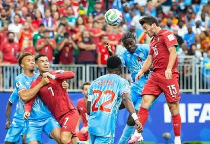 Cristiano Ronaldo bereaksi setelah gagal memanfaatkan peluang saat Portugal ditahan imbang RD Kongo 1-1 pada laga Grup K Piala Dunia 2026 di Houston Stadium.