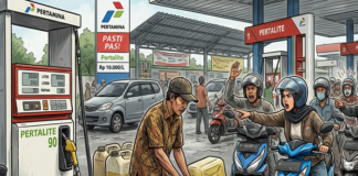 KASUS VIRAL - Foto hasil olahan Akal Imitasi (AI) Gemini Google menampilkan dua orang membeli BBM di SPBU menggunakan Jeriken. Berita Viral dating dari aksi dua Pria di Medan yang membeli BBM subsidi jenis Pertalite menggunakan Jeriken sebanyak 25 Liter. Keduanya kemudian ditangkap polisi, dan diancam hukuman penjara hingga 5 bulan 5 hari. Selengkapnya di artikel ini, Kamis (18/6/2026). GOOGLE GEMINI/REPRO