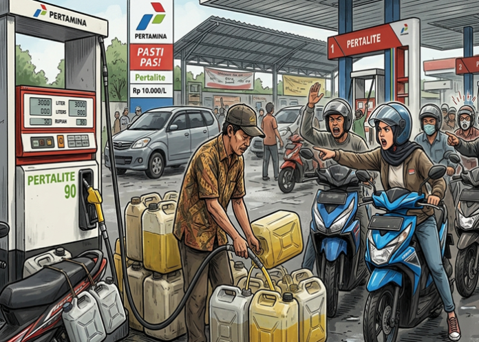 KASUS VIRAL - Foto hasil olahan Akal Imitasi (AI) Gemini Google menampilkan dua orang membeli BBM di SPBU menggunakan Jeriken. Berita Viral dating dari aksi dua Pria di Medan yang membeli BBM subsidi jenis Pertalite menggunakan Jeriken sebanyak 25 Liter. Keduanya kemudian ditangkap polisi, dan diancam hukuman penjara hingga 5 bulan 5 hari. Selengkapnya di artikel ini, Kamis (18/6/2026). GOOGLE GEMINI/REPRO