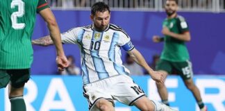 SELEBRASI GOL - Pemain Timnas Argentina, Lionel Messi berselebrasi usai mencetak gol ke gawang Timnas Aljazair dalam laga perdana Grup J Piala Dunia 2026, Rabu (17/6/20260. 3 gol di laga ini membuat Lionel Messi puncaki Top Skor Piala Dunia 2026 terkini. OFFICIAL INSTAGRAM FIFA WORLD CUP 2026/REPRO