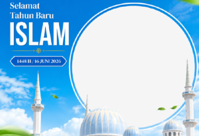 Ilustrasi Twibbon Tahun Baru Islam 1 Muharam 2026 dengan desain islami untuk dibagikan ke media sosial.