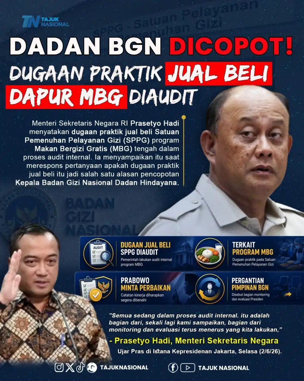 Dugaan Jual Beli Dapur MBG Diaudit, Benarkah Jadi Alasan Dadan Hindayana Dicopot?