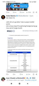 PASAR SAHAM - Unggahan di X terkait pasar saham Indonesia yang disebut masuk Fronter Market dalam Indeks MSCI terbaru