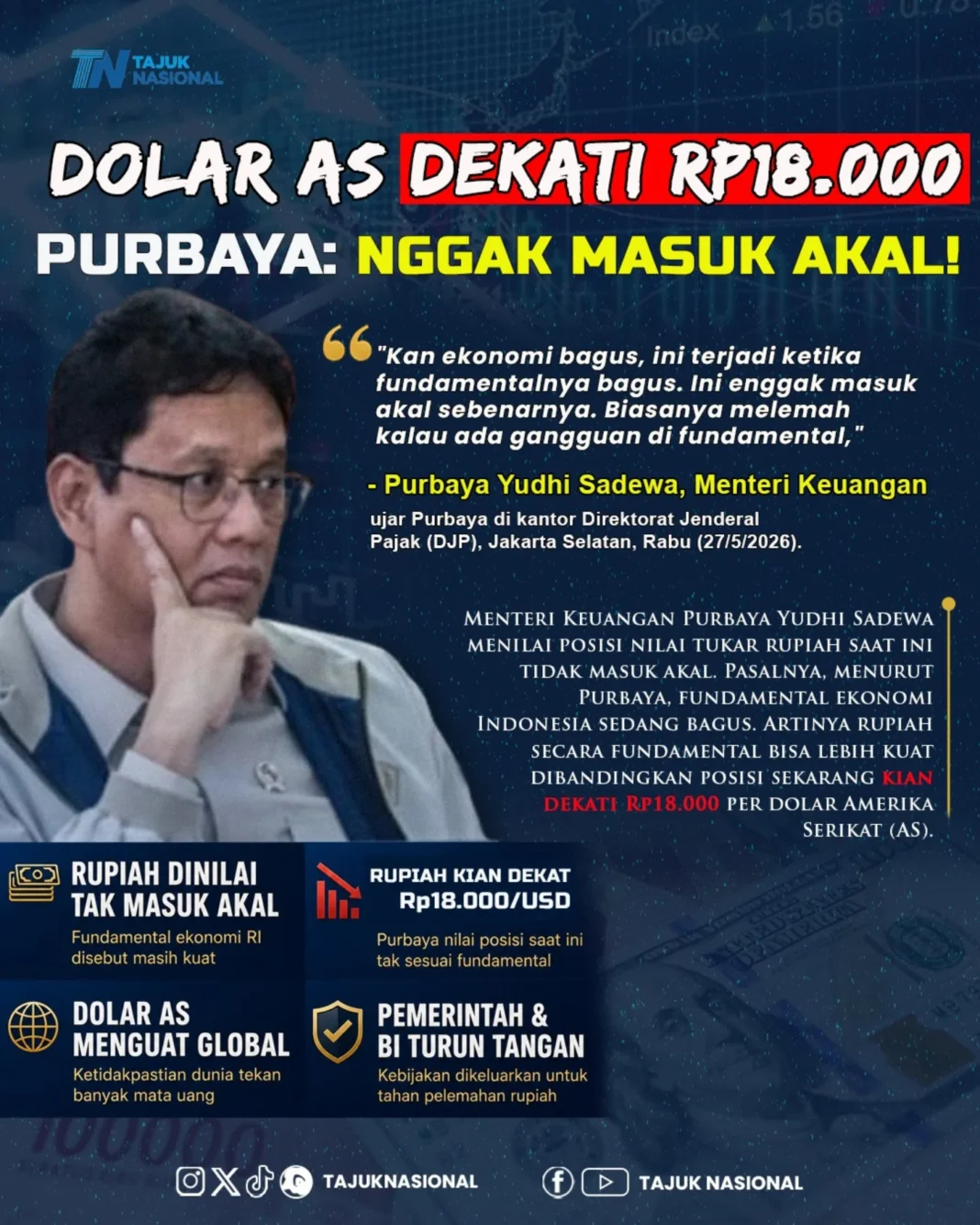 Rupiah Dekati Rp18.000 per Dolar AS, Menkeu Purbaya Sebut Tak Masuk Akal