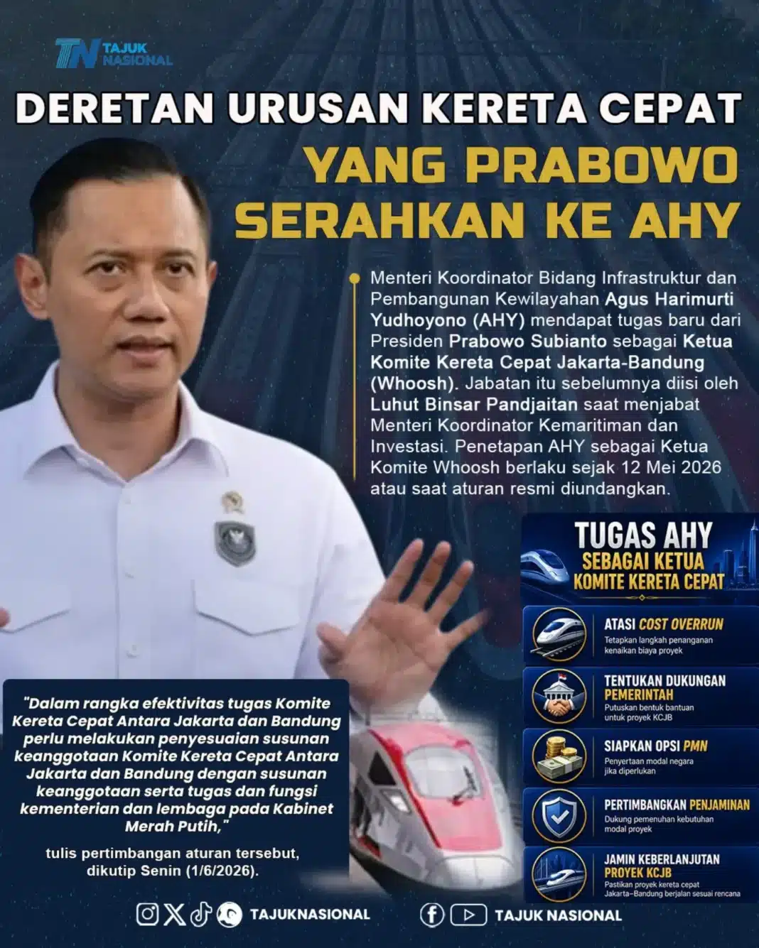 AHY Ketua Komite Kereta Cepat Jakarta Bandung, Ini Tugas Baru yang Diberikan Prabowo