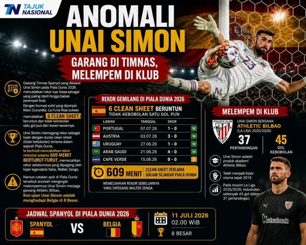 Unai Simon Tampil Gemilang di Timnas Spanyol, Namun Melempem Bersama Athletic Bilbao