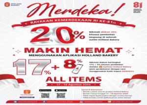 Promo Merdeka! Diskon 20 Persen Roti Holland Bakery di HUT ke-81 RI, Ini Cara dan Ketentuannya 1 PROMO MERDEKA! - Holland Bakery menghadirkan diskon spesial di HUT ke-81 RI 2026 kali ini selama 2 hari berturut-turut hingga hari ini, Selasa (18/8/2026). Ada diskon 20 persen dan ekstra 17+8 persen untuk seluruh menu roti Holland Bakery. Selengkapnya di artikel ini. OFFICIAL INSTAGRAM HOLLAND BAKERY/REPRO