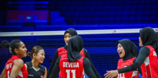 Timnas Voli Putri Indonesia merayakan kemenangan atas Kazakhstan pada laga perdana Grup B AVC Women’s Continental 2026 di Tianjin, China, Sabtu (22/8/2026).