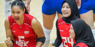 nas Voli Putri Indonesia merayakan kemenangan 3-0 atas Australia yang memastikan tiket ke perempat final AVC Women's Continental 2026.