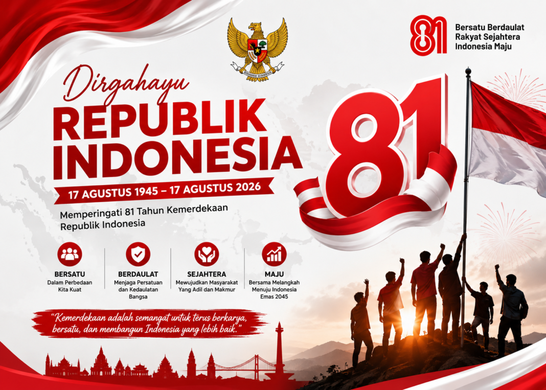 Kumpulan 30 ucapan HUT ke-81 RI 2026 penuh nasionalisme, semangat persatuan, cinta tanah air, dan cocok dibagikan bersama Twibbon di media sosial.