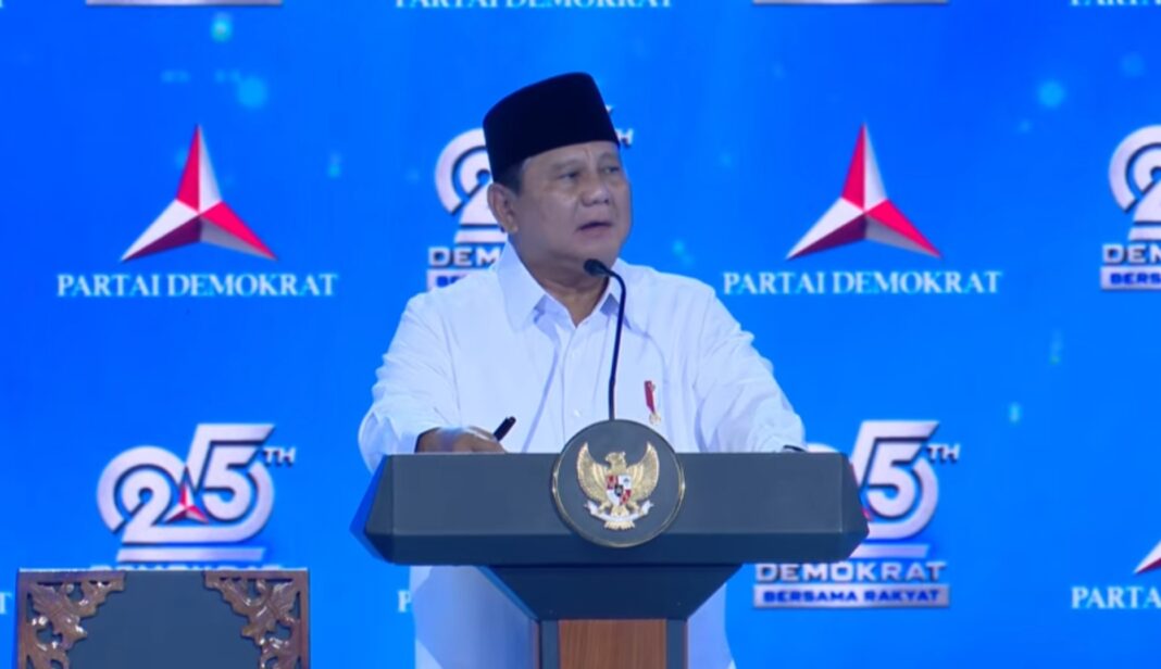 Presiden Prabowo Subianto saat memberikan sambutan di Hut ke-25 Demokrat yang berlangsung di Indonesia Arena, Jakarta, Rabu (9/9/2026)