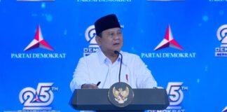 Presiden Prabowo Subianto saat memberikan sambutan di Hut ke-25 Demokrat yang berlangsung di Indonesia Arena, Jakarta, Rabu (9/9/2026)